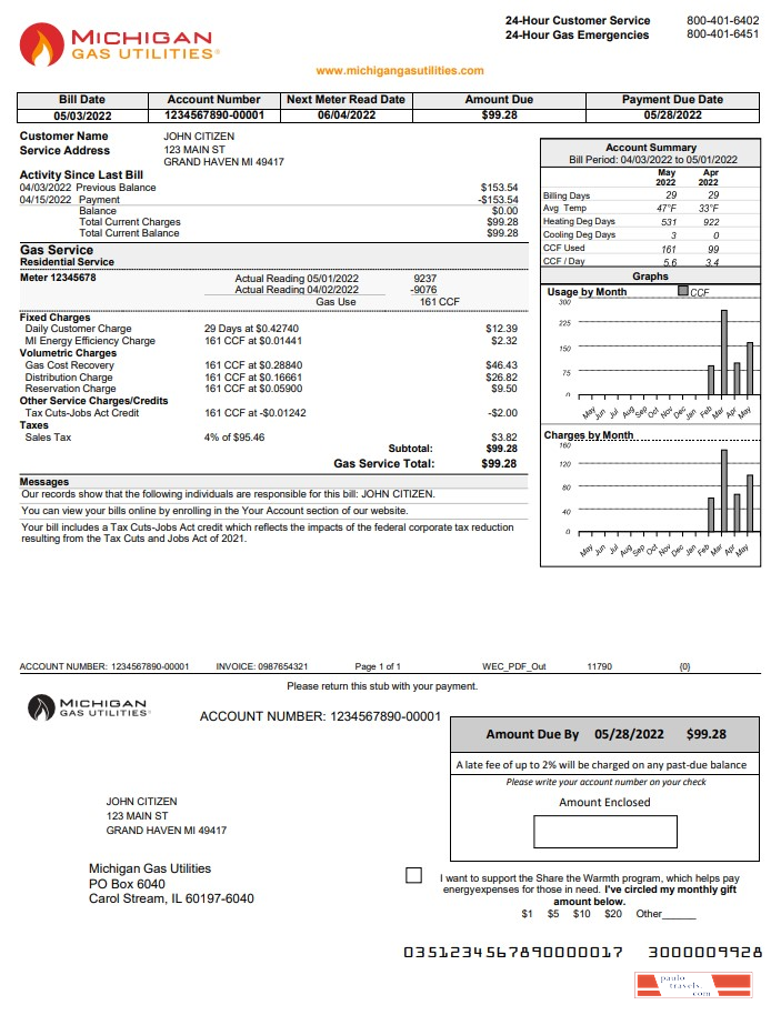 USA Michigan gas Utilities utility bill template in Word and PDF format version 1